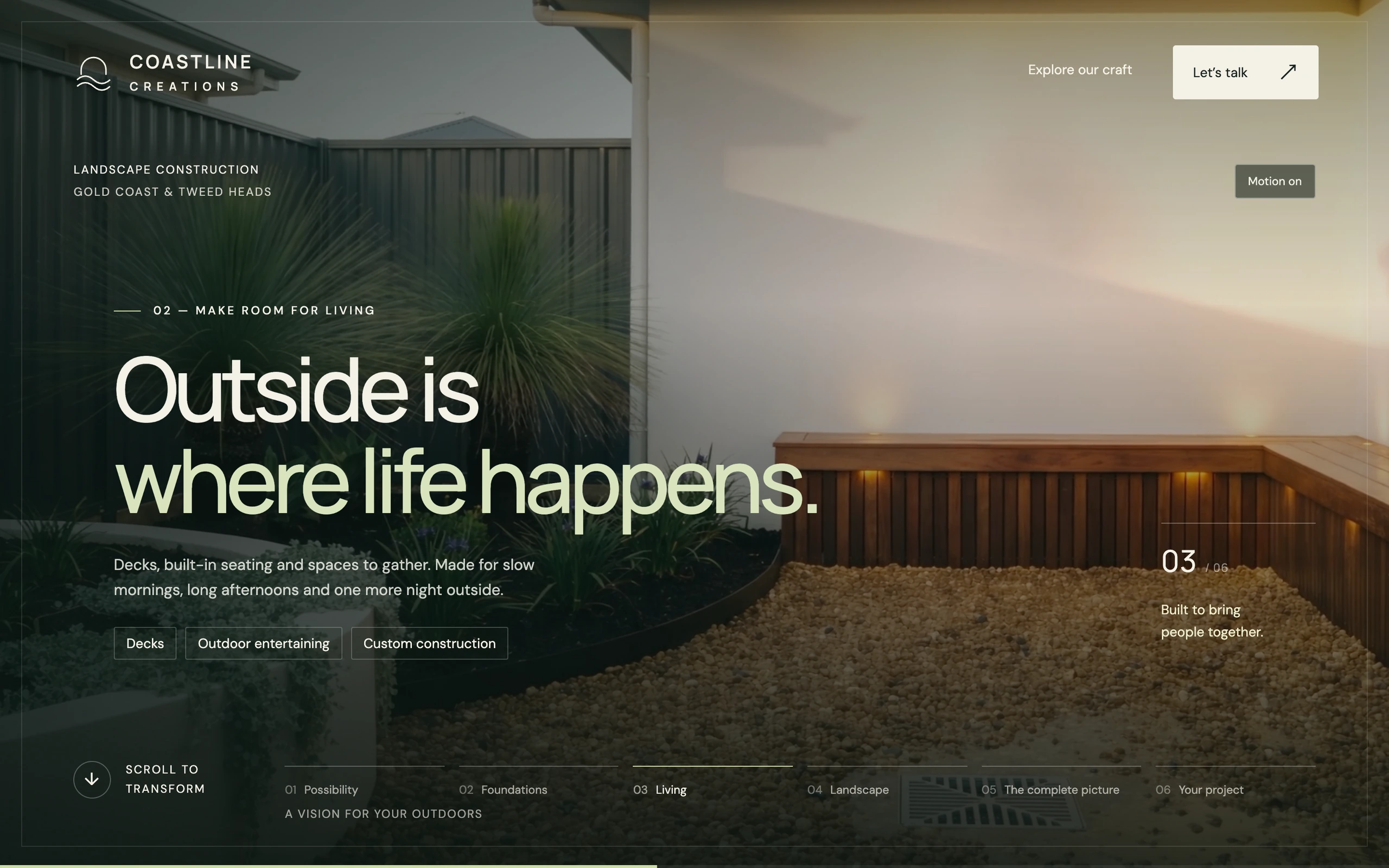 Coastline Creations outdoor living chapter with timber seating, garden beds and service descriptions