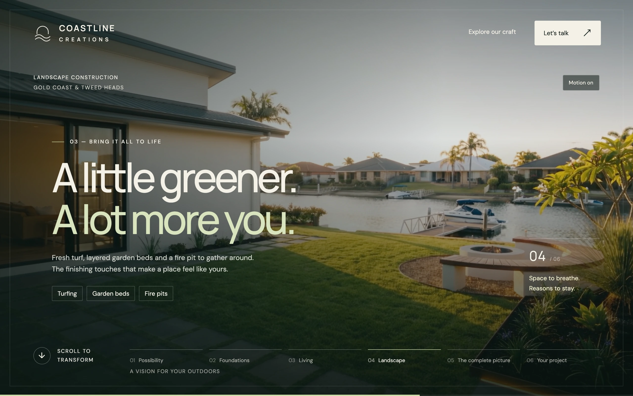 Coastline Creations website showing its landscape chapter, garden imagery and pale green typography