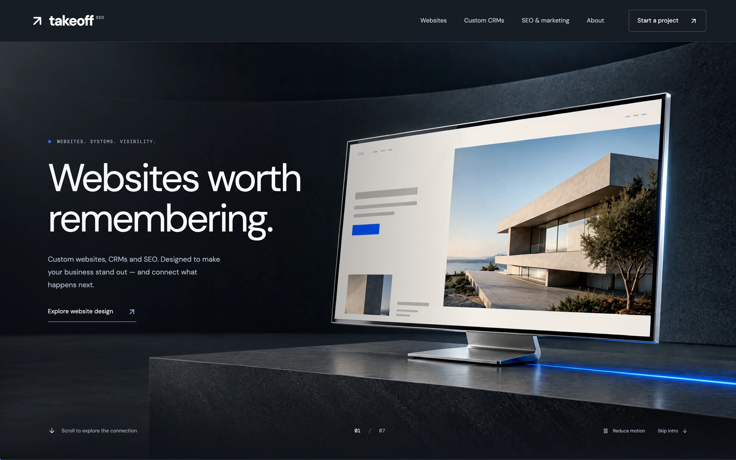 Takeoff SEO website with the Websites worth remembering headline and a cinematic computer display