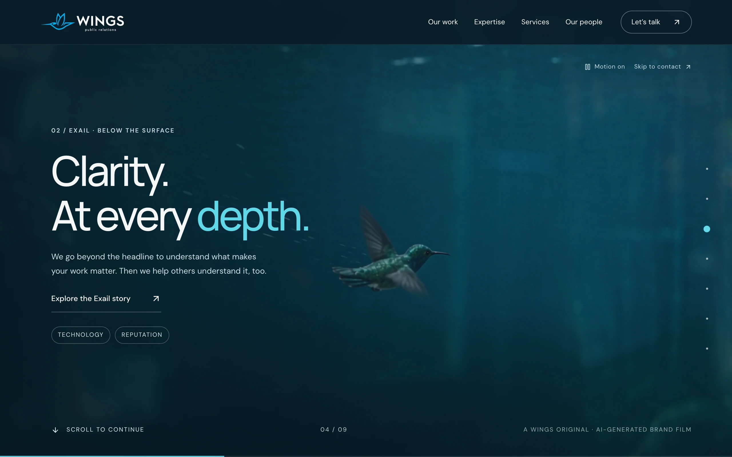 The Wings PR underwater Exail chapter with a hummingbird and communication storytelling overlays
