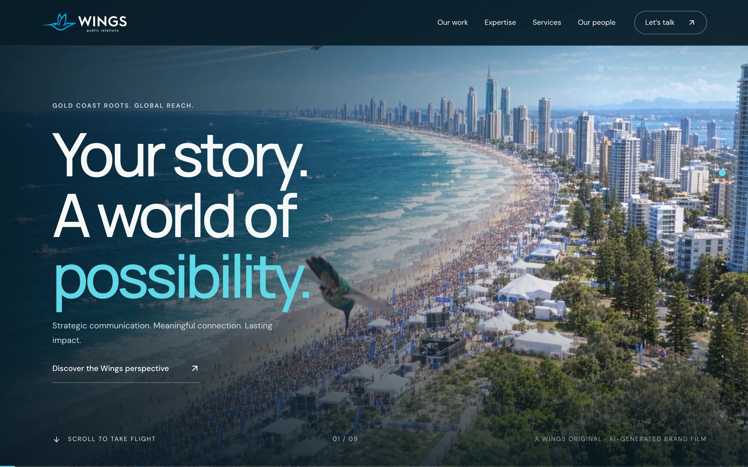 Wings Public Relations website with a hummingbird above Surfers Paradise and the headline Your story. A world of possibility.