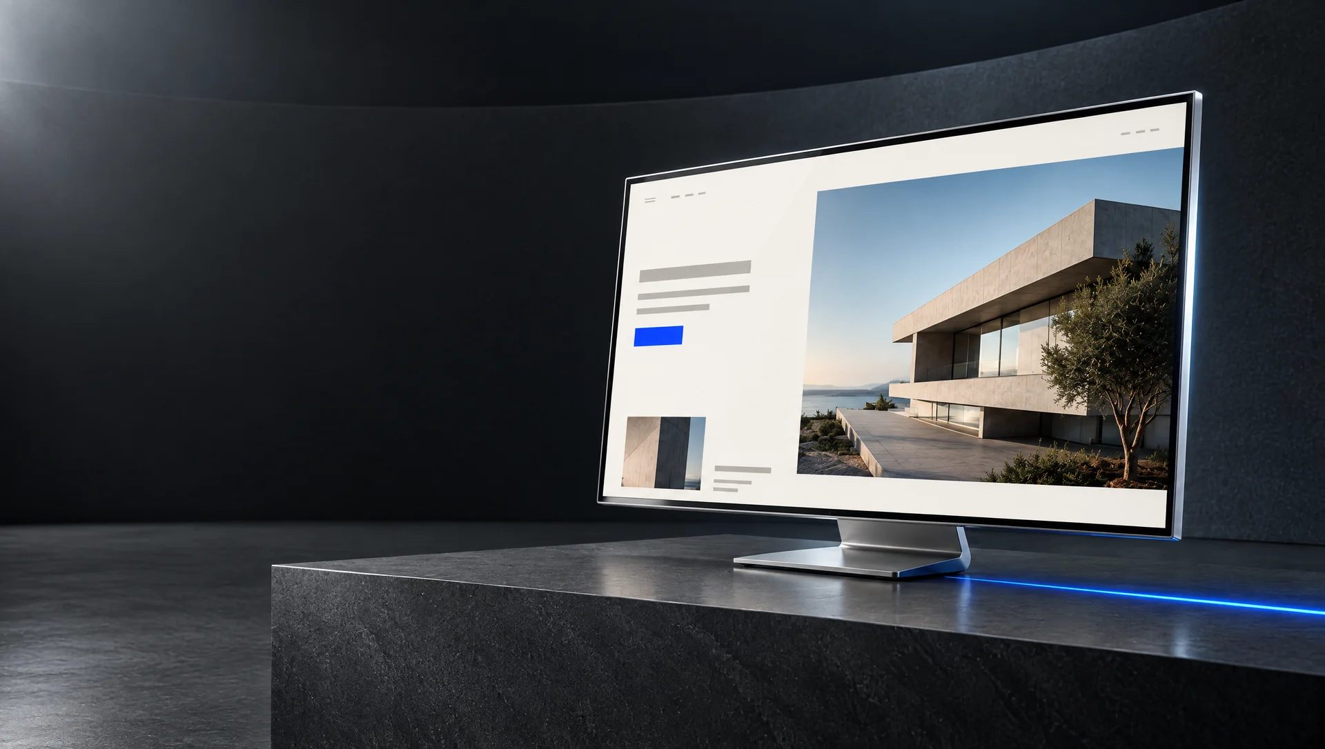 A crafted website display in a graphite studio