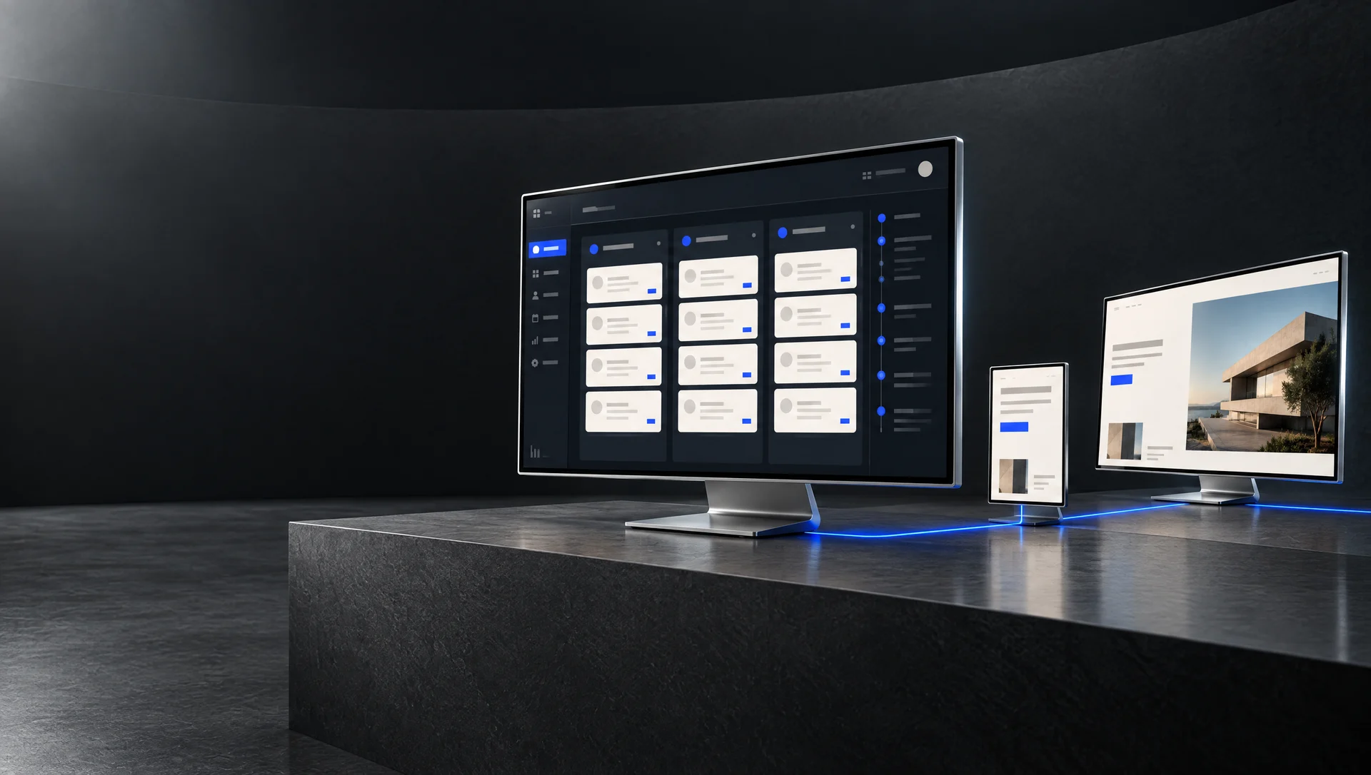A separate custom CRM and website connected by a blue light path